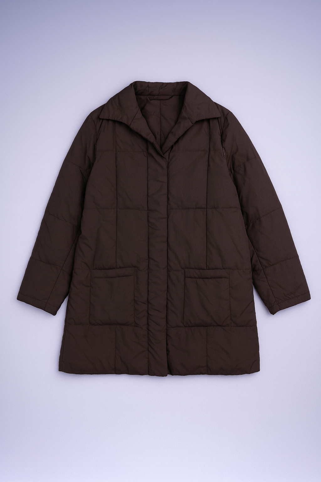 Brown quilted puffer jacket with stand collar, buttoned placket, and full-zip closure for insulated warmth.