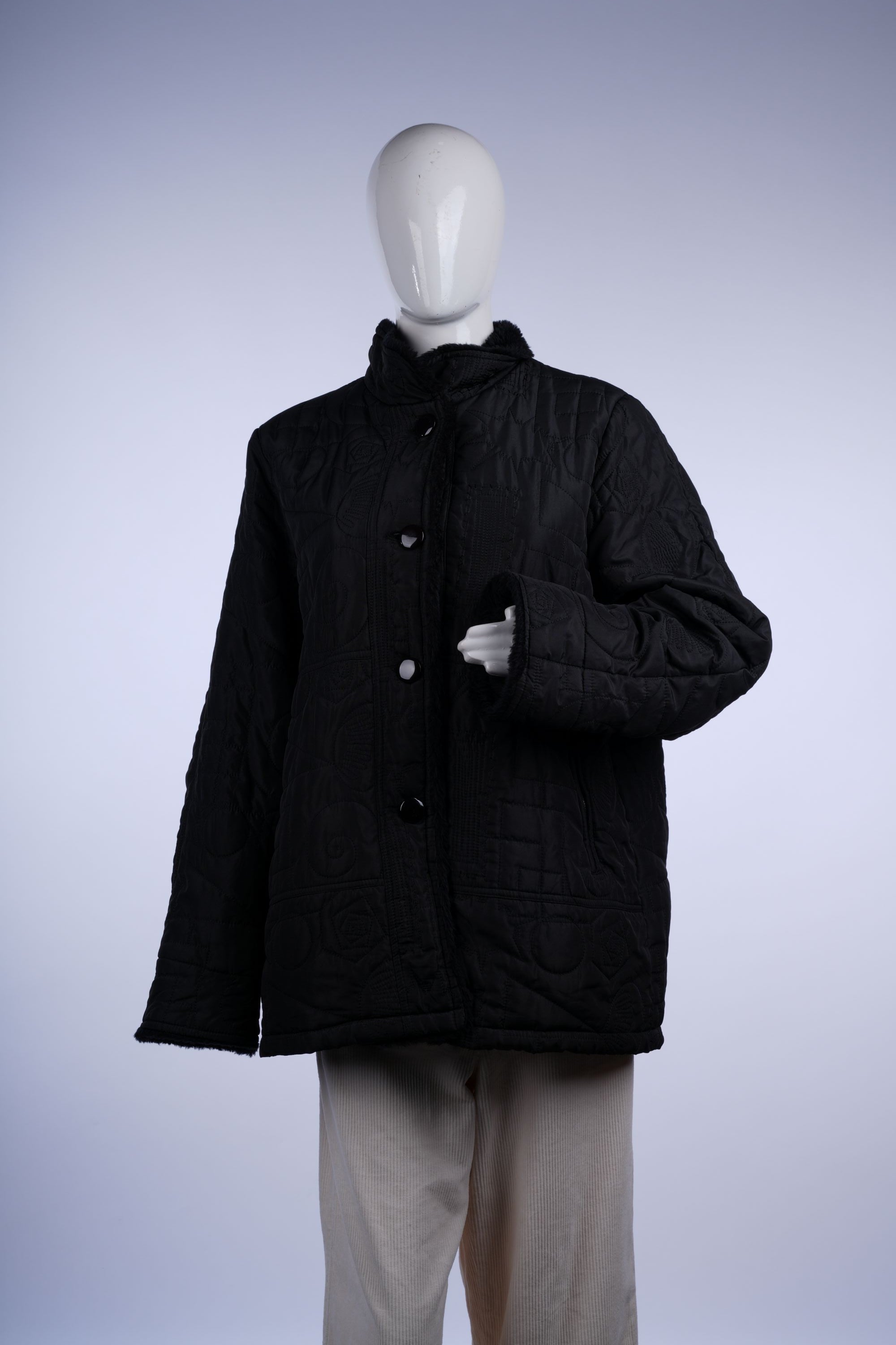 Insulated black jacket featuring a soft faux fur collar, button closure, and practical front pockets.