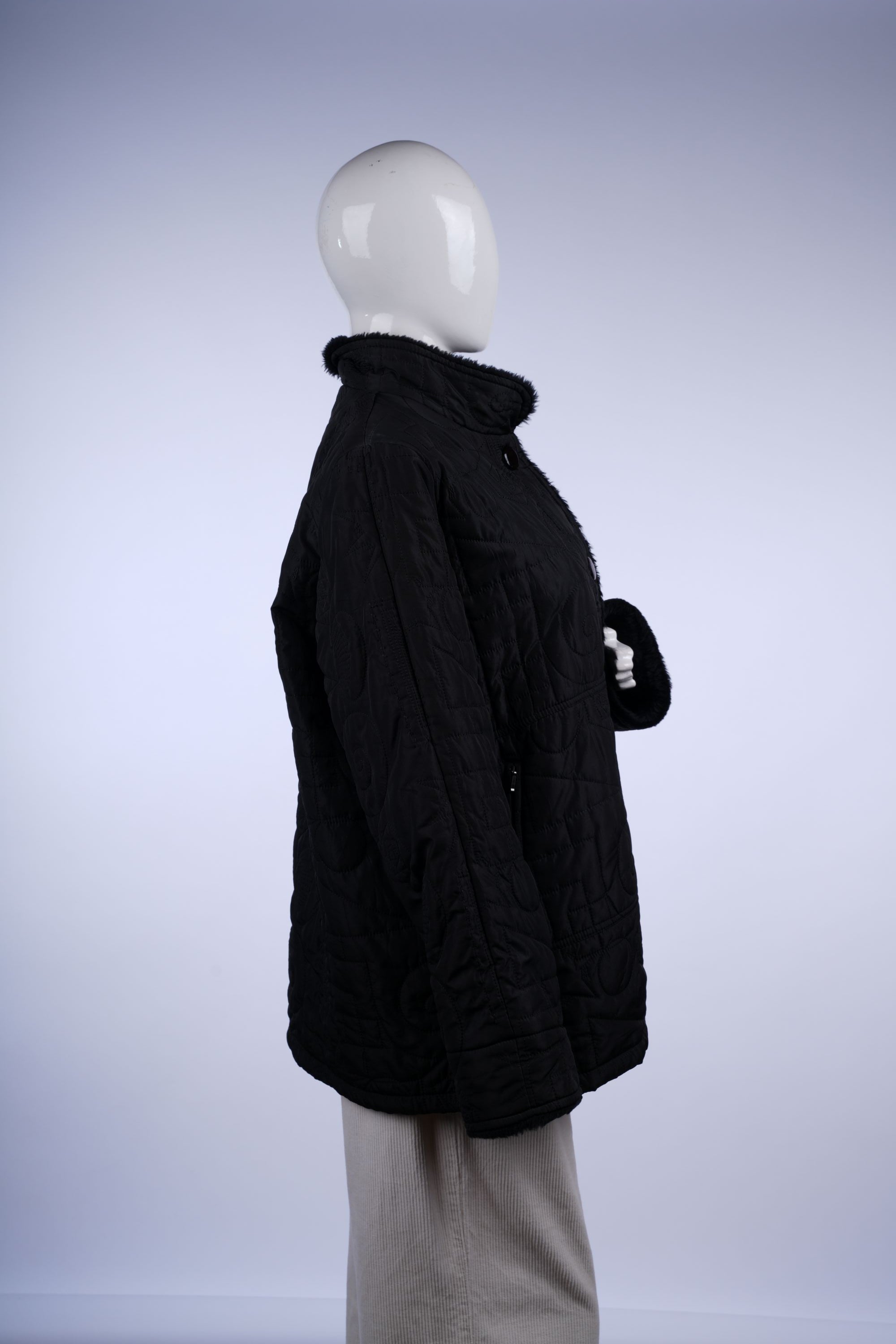 Classic black quilted jacket with cozy faux fur collar, button-front design, and versatile casual style.