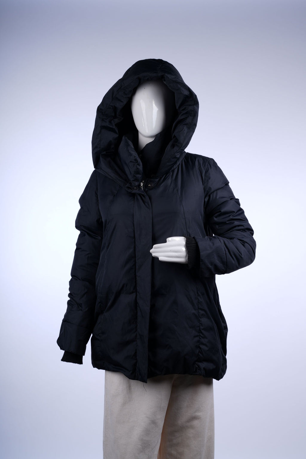 Insulated long puffer coat featuring a high collar and zip closure, perfect for winter layering.