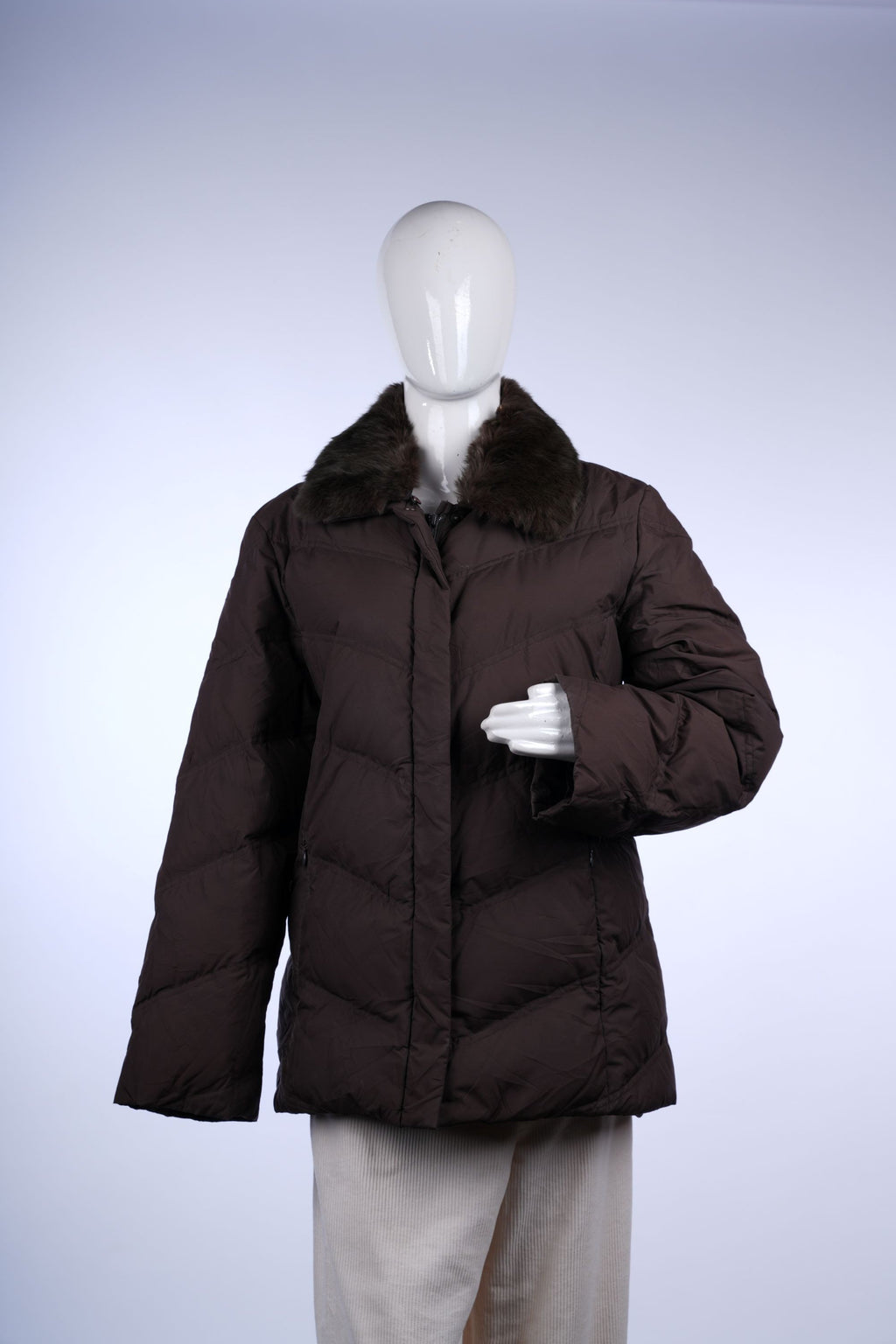 Grace Karin brown puffer jacket featuring a faux fur collar, quilted design, and zip-front closure, ideal for winter.
