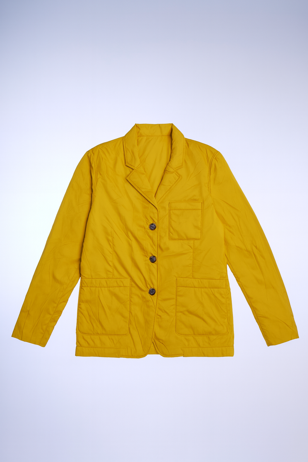 Mustard yellow casual jacket with button-front closure, classic collar, and multiple pockets, lightweight and versatile.