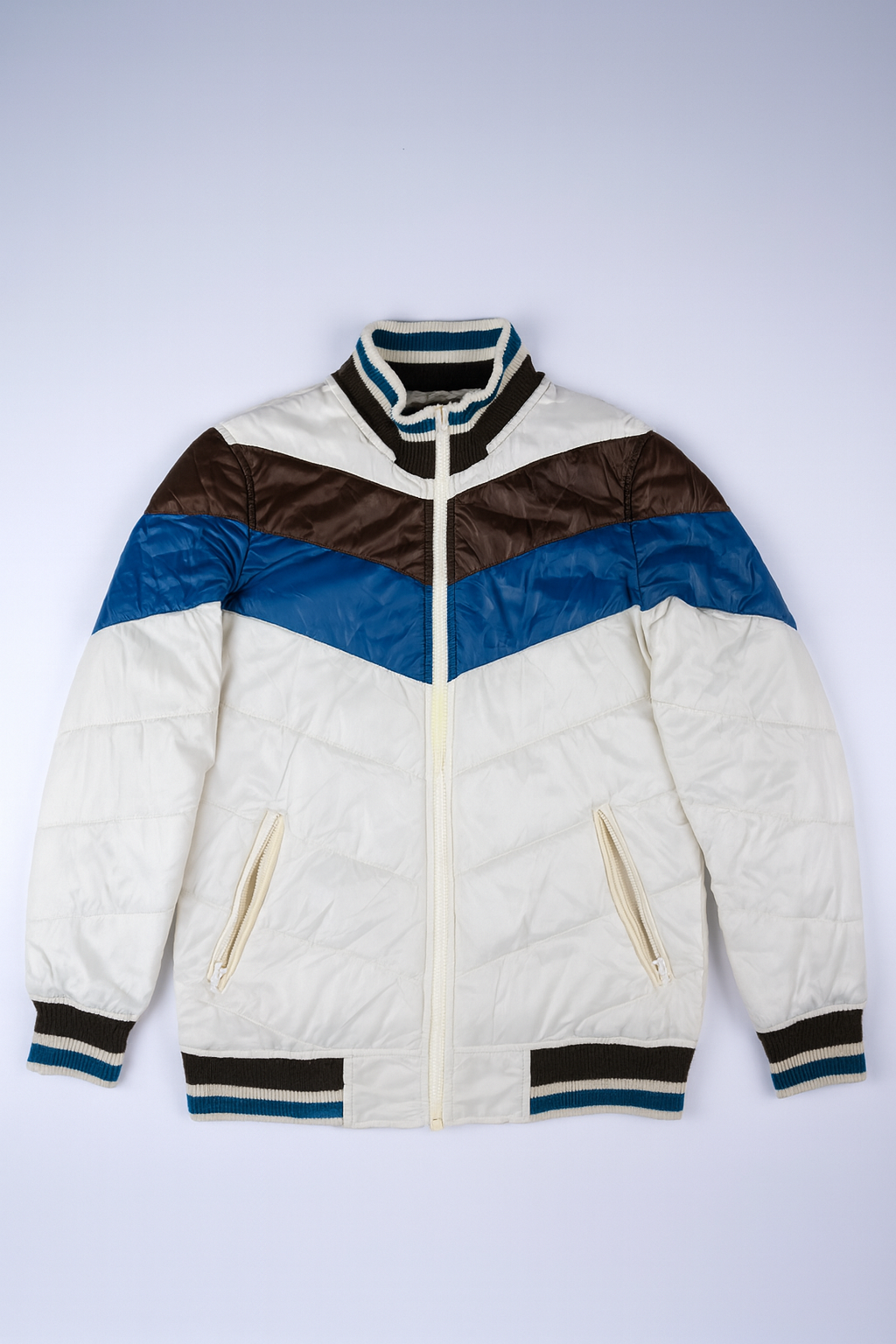 Vintage-style white puffer jacket with teal and dark brown horizontal stripes, full-zip front, and ribbed cuffs and hem.