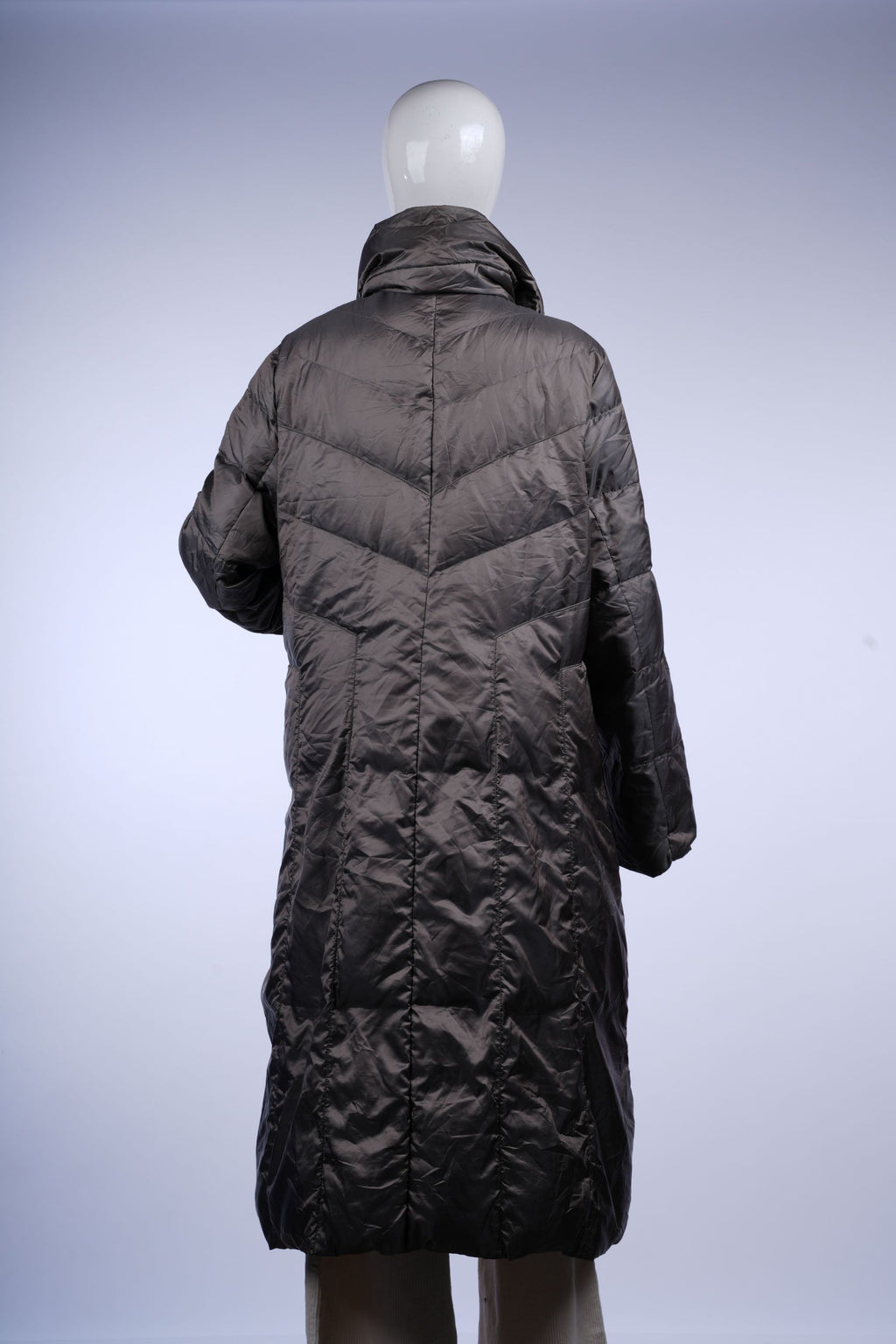 Insulated grey longline puffer coat with quilted pattern and stand-up collar, perfect for staying cozy in colder months.
