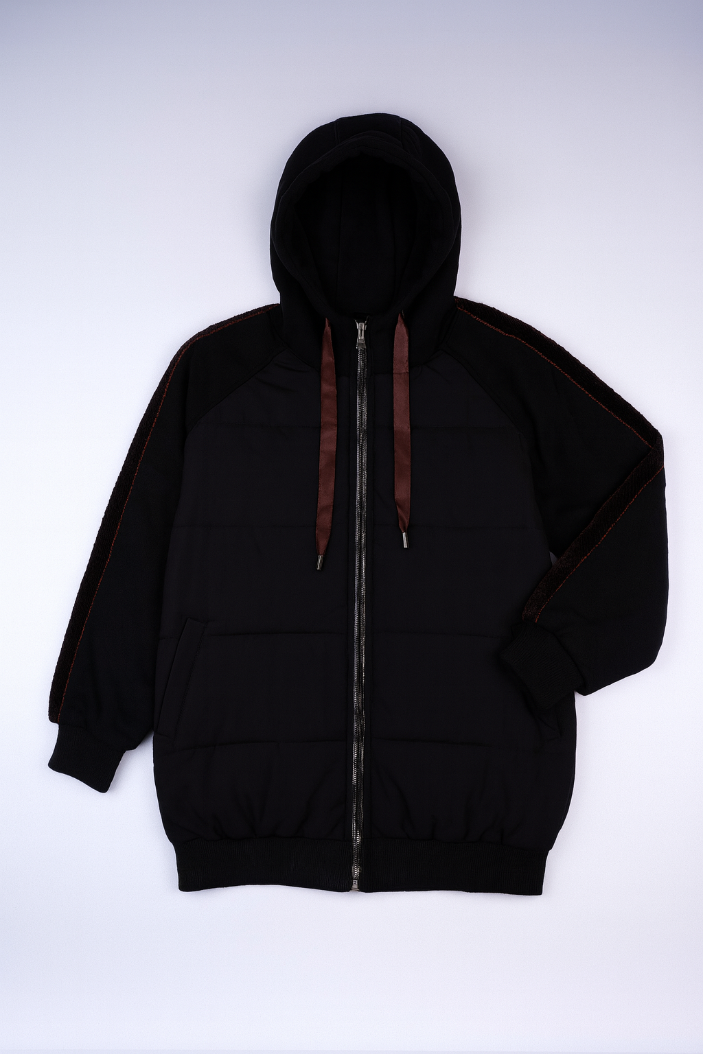 Classic black puffer jacket with hood, full-zip closure, and side pockets for casual winter warmth.