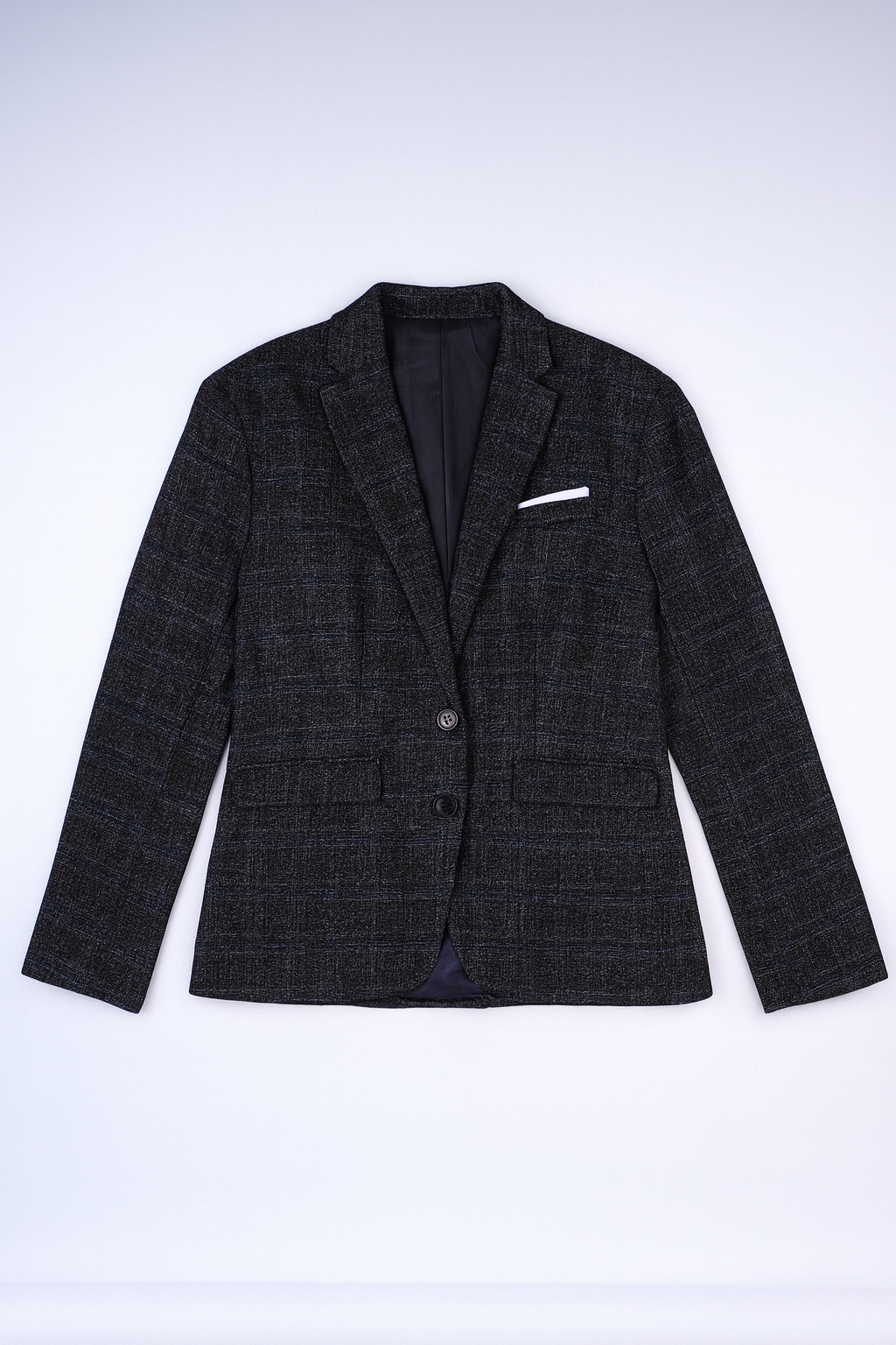 Grey plaid single-breasted blazer with notched lapels, flapped pockets, and vibrant purple lining for a classic stylish look.