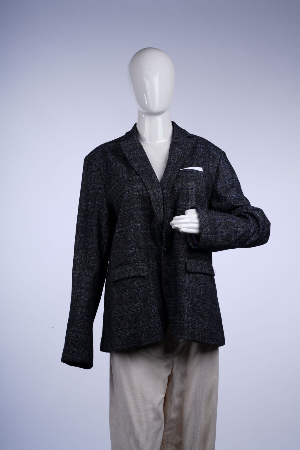 Classic grey plaid blazer featuring single-breasted design, notched collar, and two front flap pockets with purple lining.