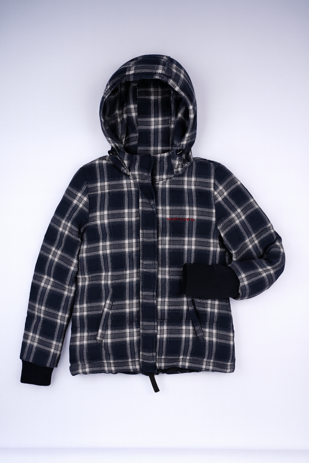 Blue-and-white plaid hooded puffer jacket with zip closure and side pockets, insulated for warmth and casual style.