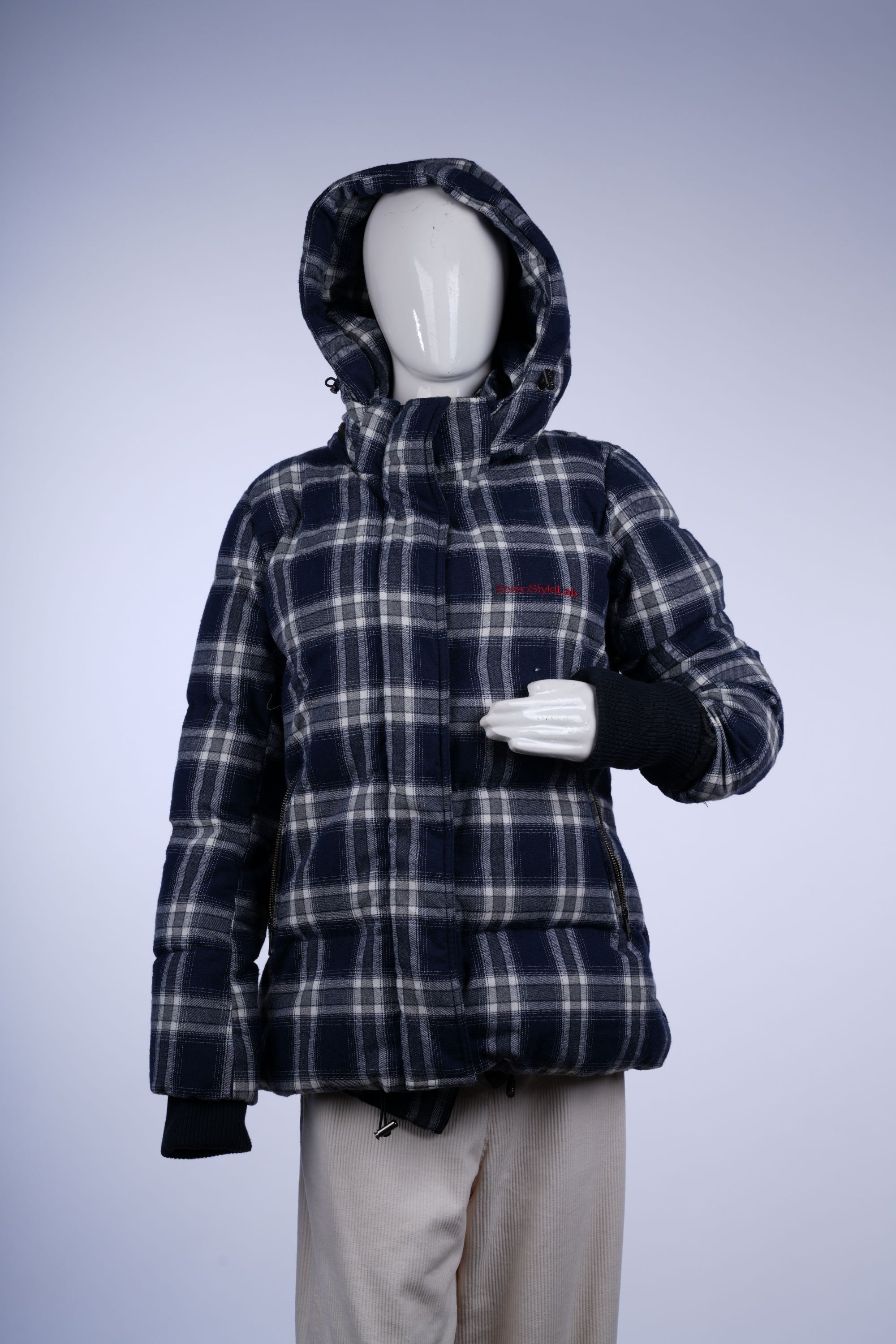 Casual hooded puffer jacket in blue-and-white plaid, featuring full zip, side pockets, and warm insulation.