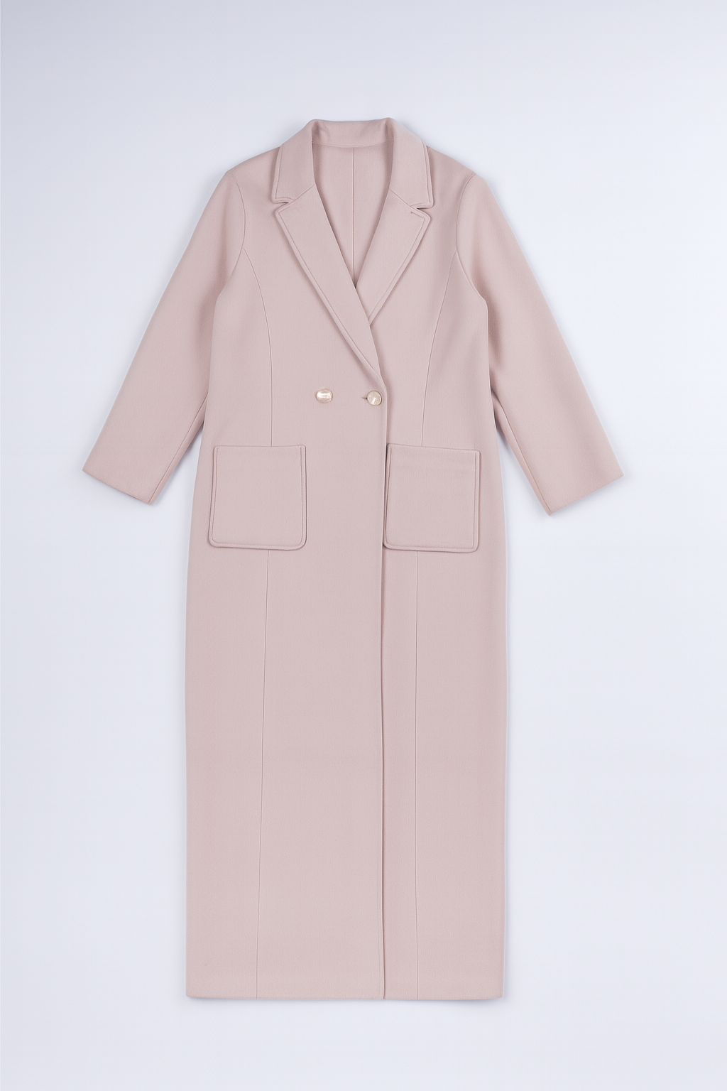 Elegant pale neutral double-breasted coat with notched lapels, mid-length cut, and front pockets for a tailored, stylish look.
