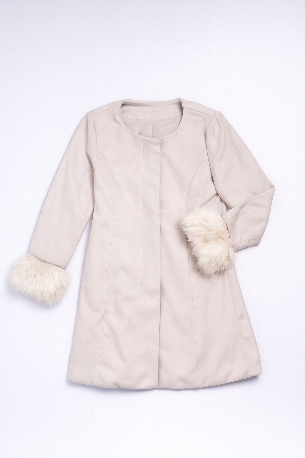 Off-white wool-blend coat with plush faux fur cuffs, round neckline, and concealed button closure, offering elegant warmth.