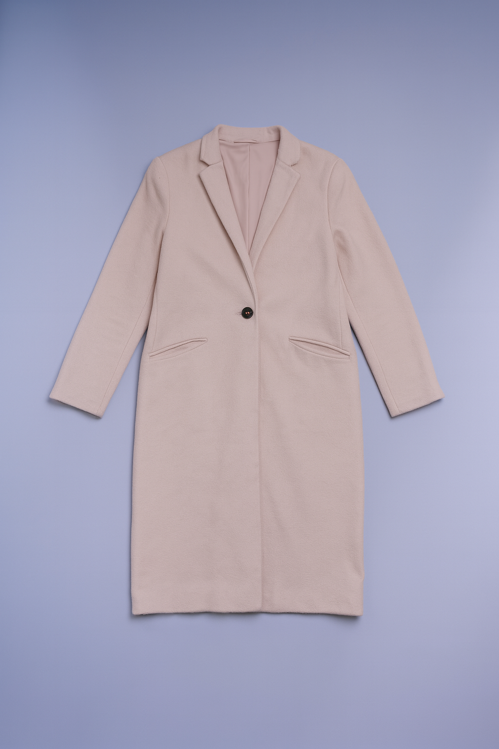 women's beige wool-blend long coat with notched lapel and single-button closure