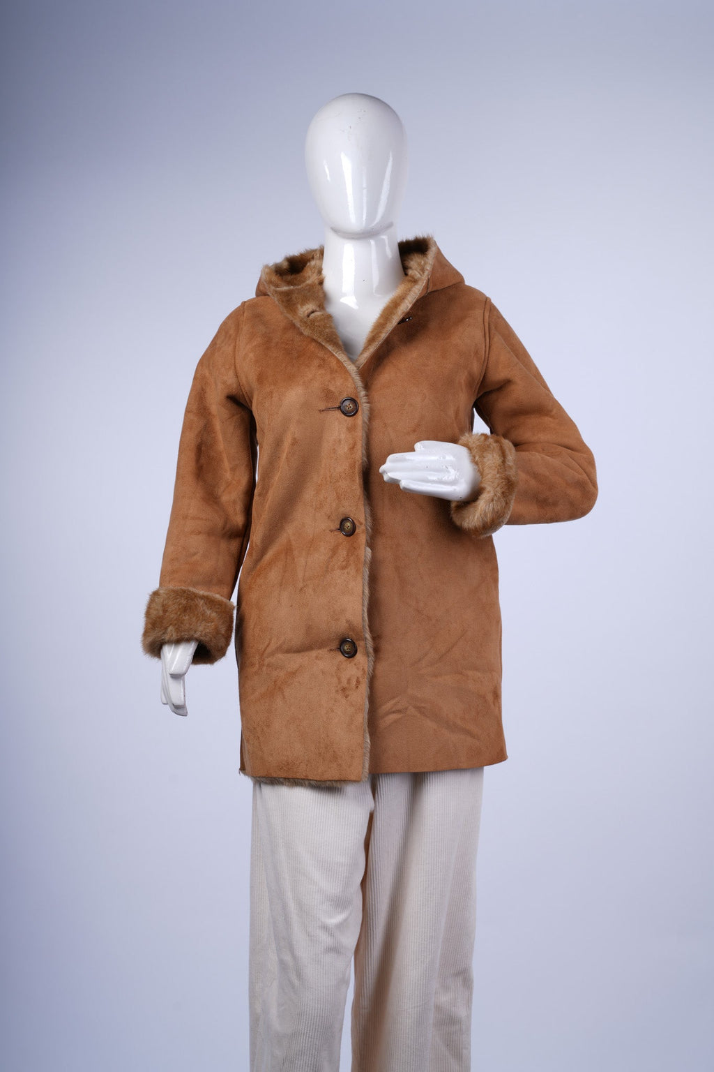 GAP - Brown Faux Suede Longline Jacket - Fur-Lined Hood