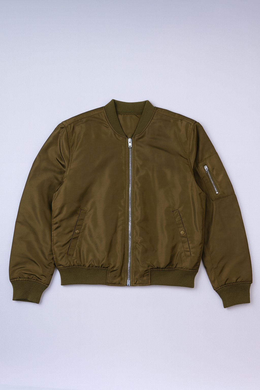 Olive green bomber-style puffer jacket with ribbed trims, orange lining, and pockets.