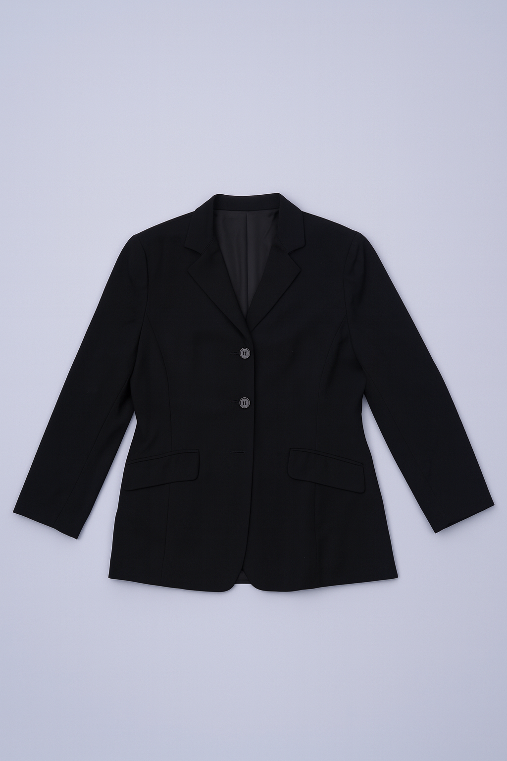 Classic black blazer with notched lapels and two-button closure for women.