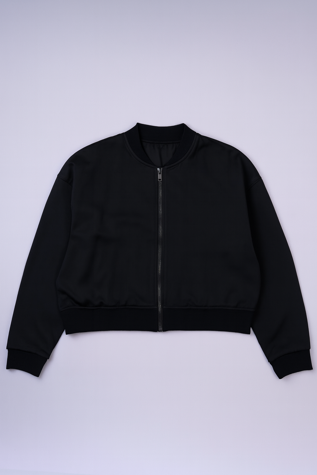 Black bomber jacket with ribbed collar, cuffs, and hem for men.