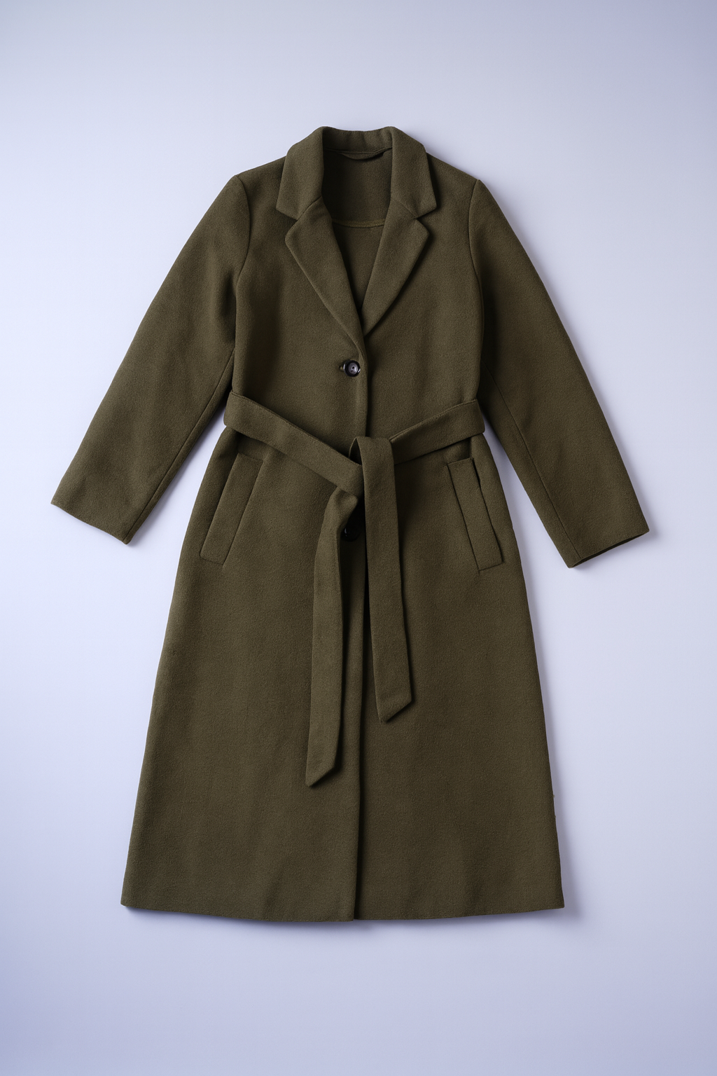 Classic deep green wool-blend Chesterfield coat with wide lapels, button closure, and flap pockets.