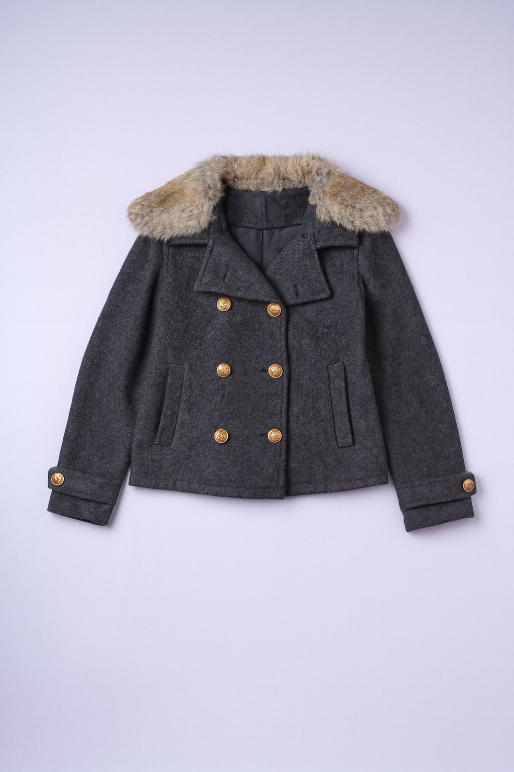 Gray double-breasted peacoat with fur collar and gold-tone buttons for women.