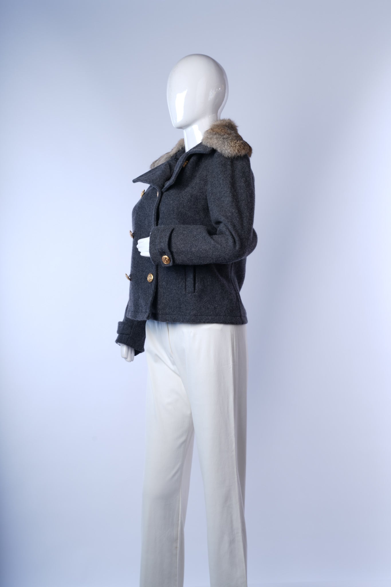 women's classic gray peacoat combining warmth and timeless sophistication.