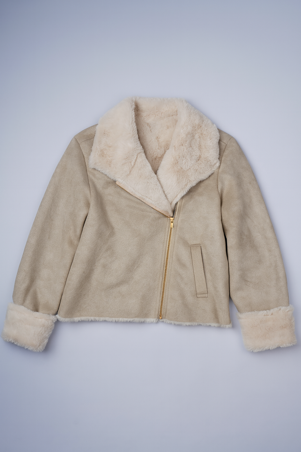 Cream aviator jacket with plush faux fur lining and wide collar, zip-front closure, and functional pockets for a vintage look.