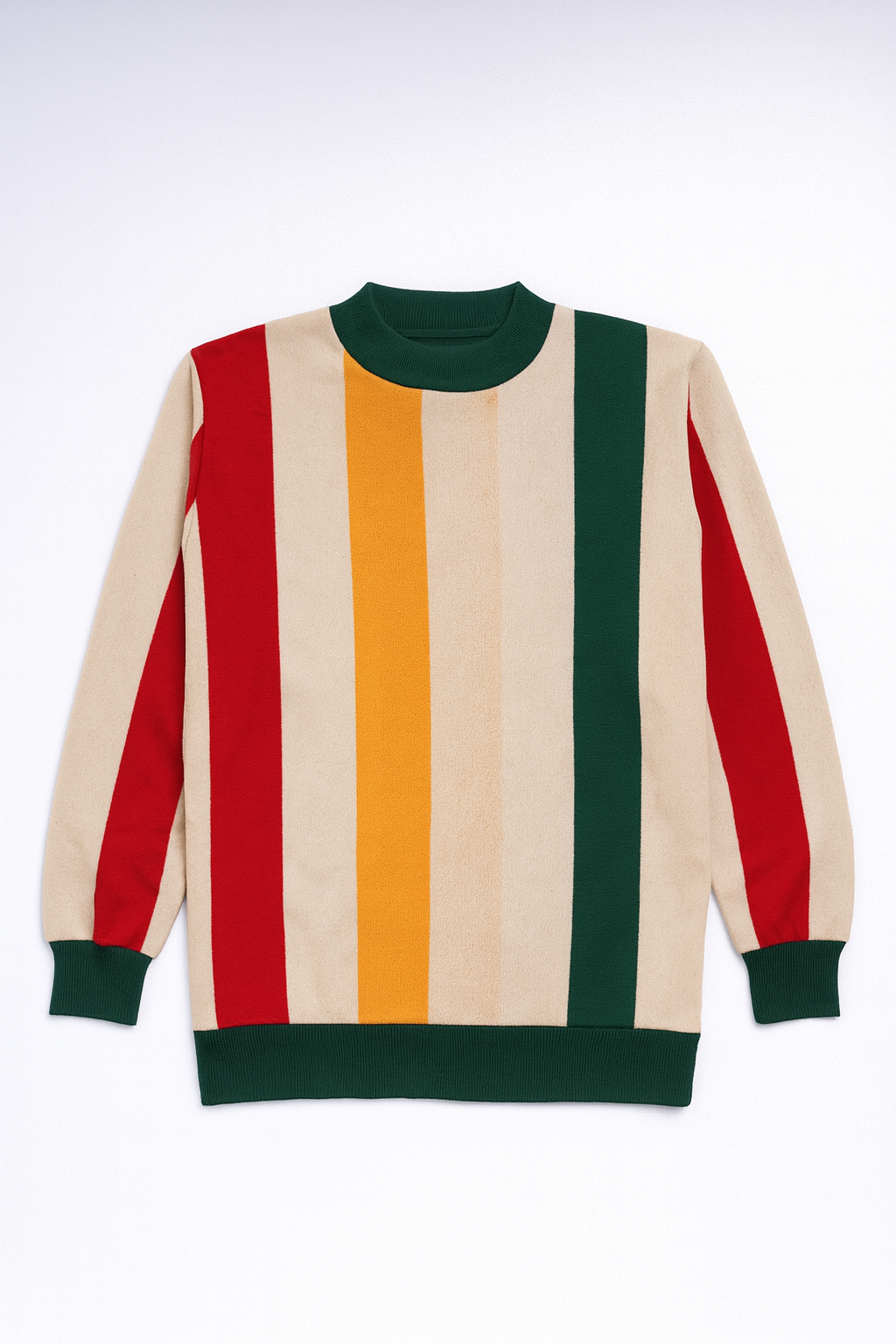 Vintage Lele multicolor striped sweater with bold vertical stripes and cozy mock neck, inspired by Japanese streetwear.