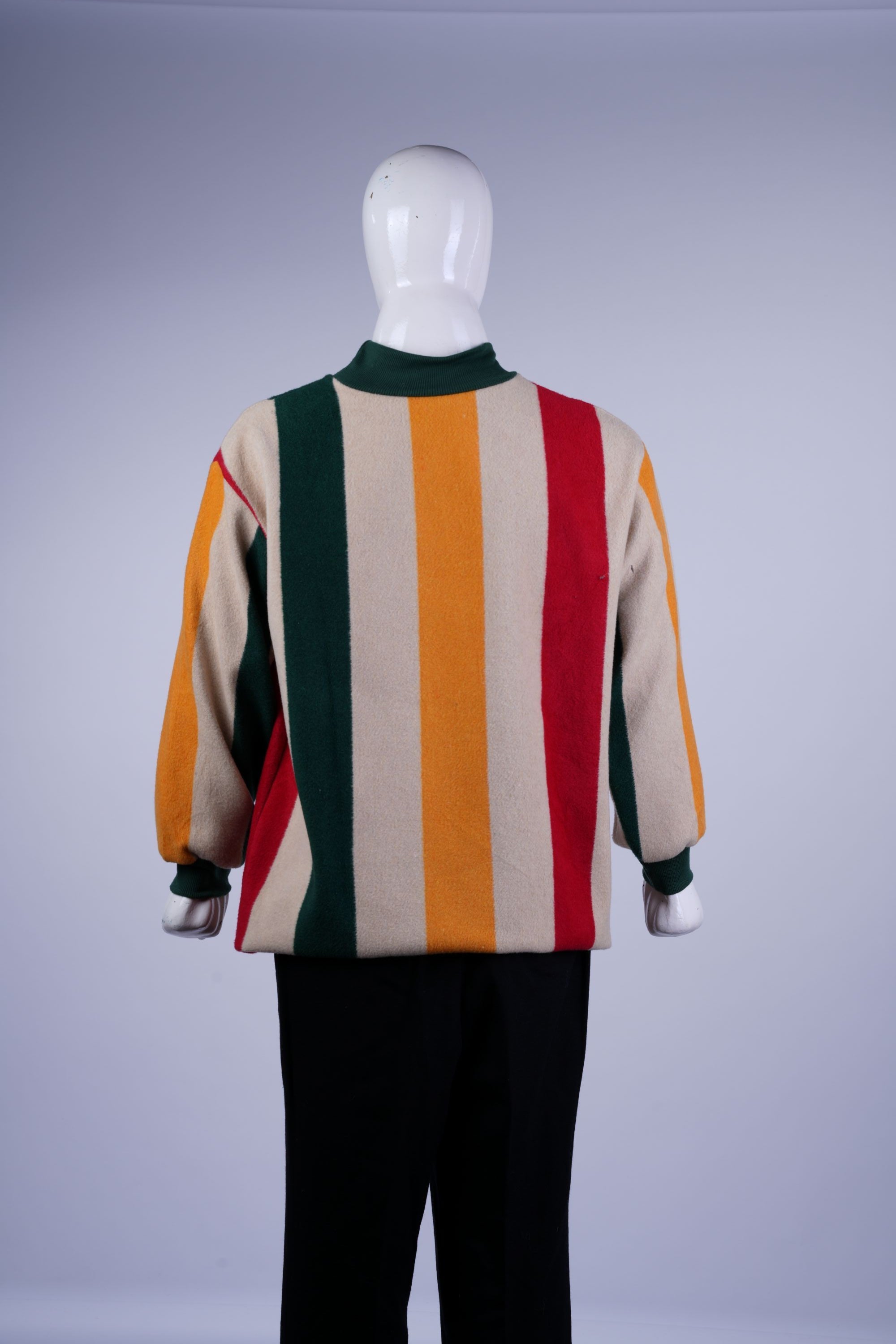 Japanese streetwear-inspired multicolor striped sweater with vertical stripes and cozy mock neck design.