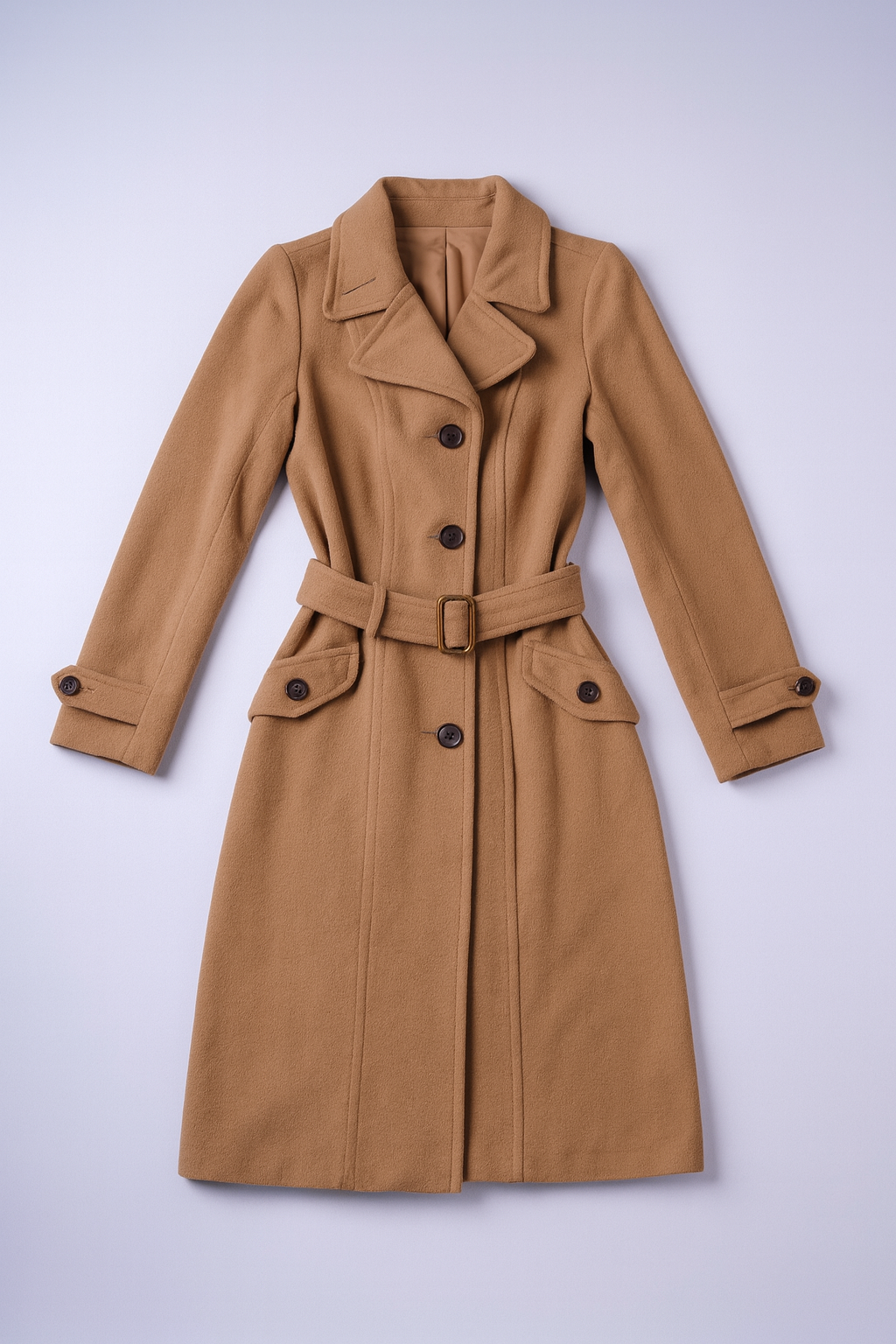 Elegant camel coat with wide lapels, button-down front, belted cuffs, and satin lining.
