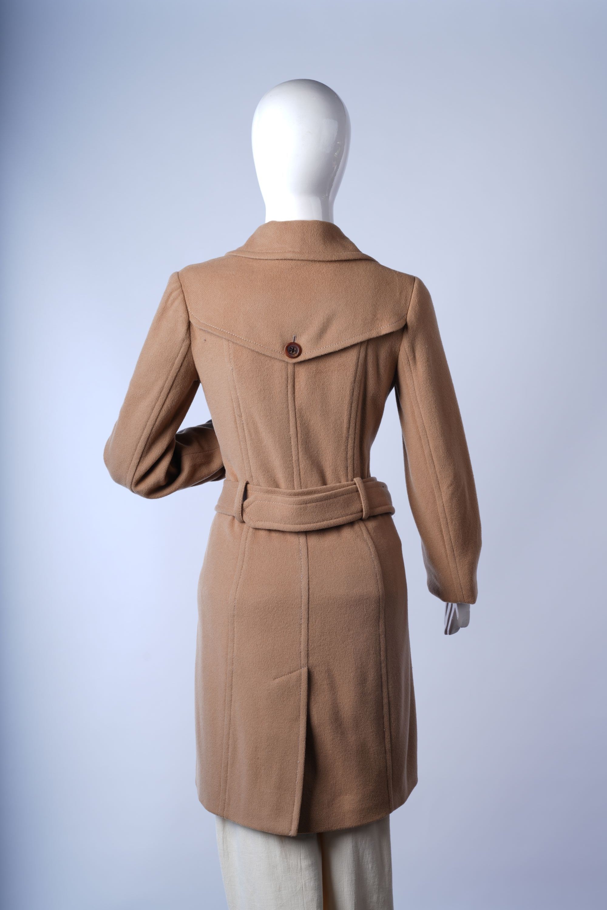 Stylish camel coat with satin lining and classic button-down front, perfect for layering.