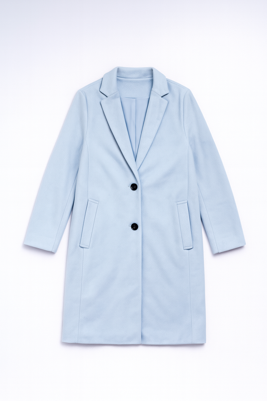 women's pastel light blue single-breasted coat with notched lapels and mid-thigh length, made from a warm wool blend.