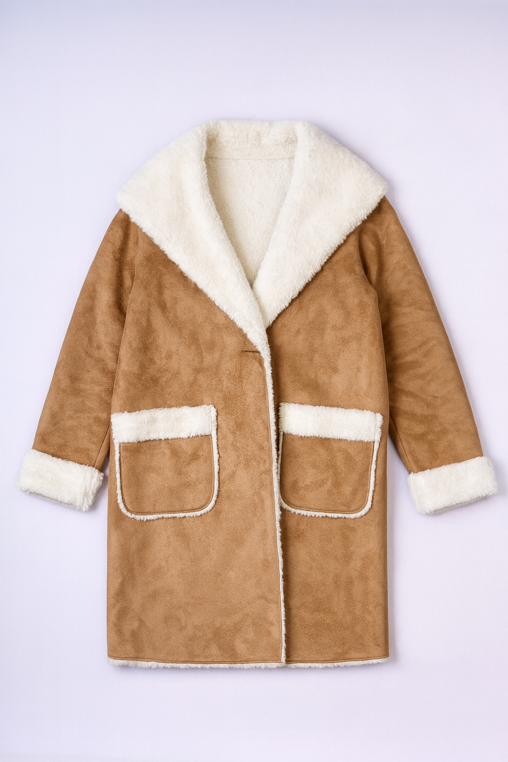 Classic beige trench coat with adjustable waist belt, double-breasted front, and storm flaps.