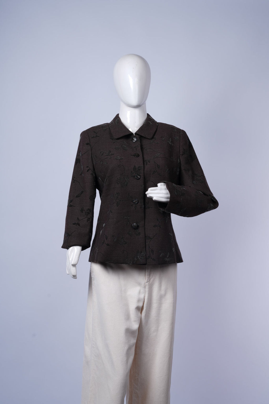 women's classic silhouette jacket featuring sophisticated floral design and tailored fit.