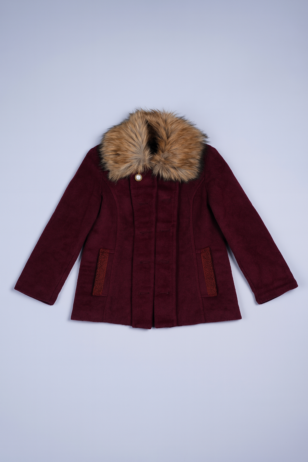 Elegant maroon wool-blend coat with wide faux fur collar, button-front closure, and lace-accented pockets.