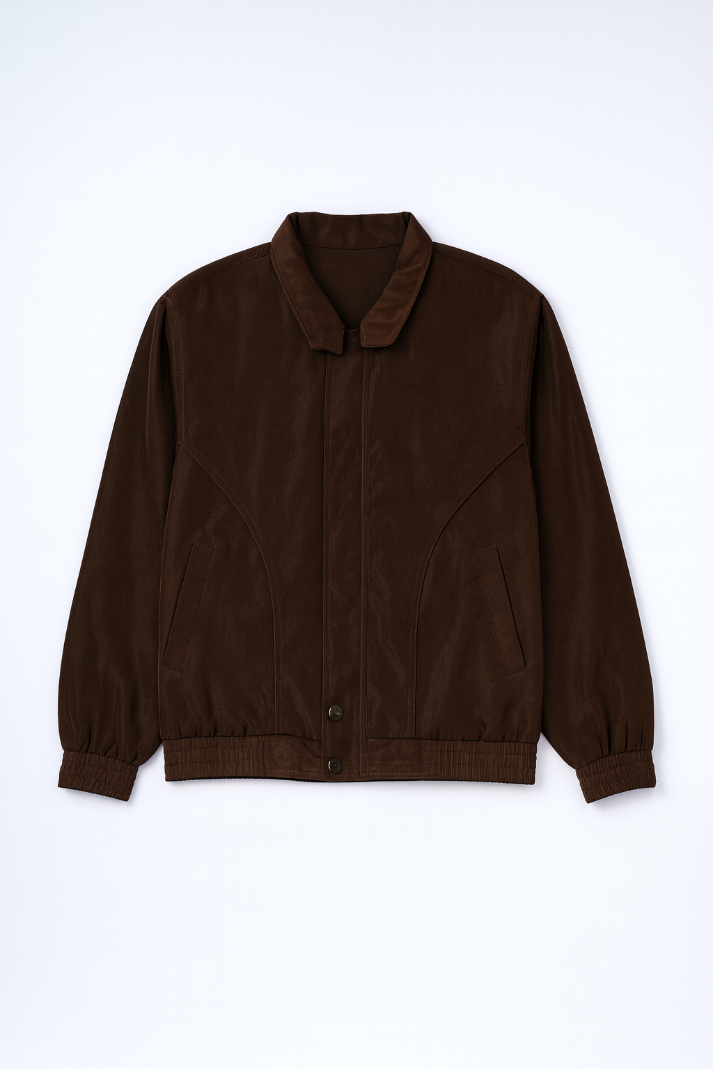 Classic brown bomber jacket with ribbed cuffs, hem, full-zip front, and front pockets.
