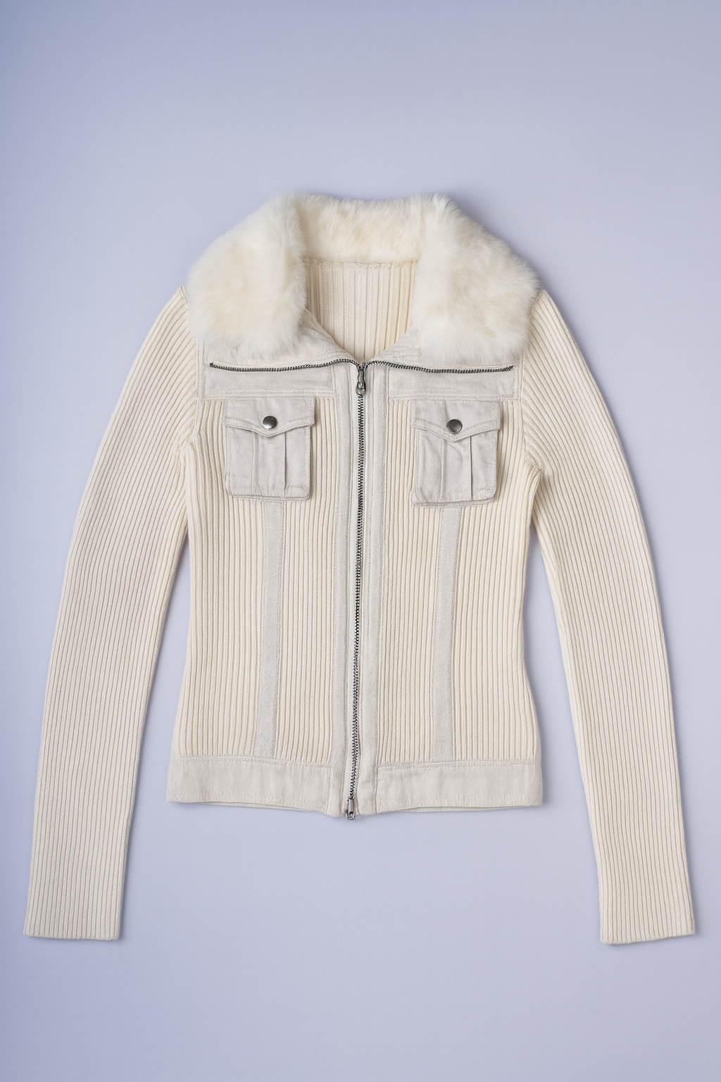 women's off-white jacket with plush faux fur collar, ribbed texture, and chest pockets.