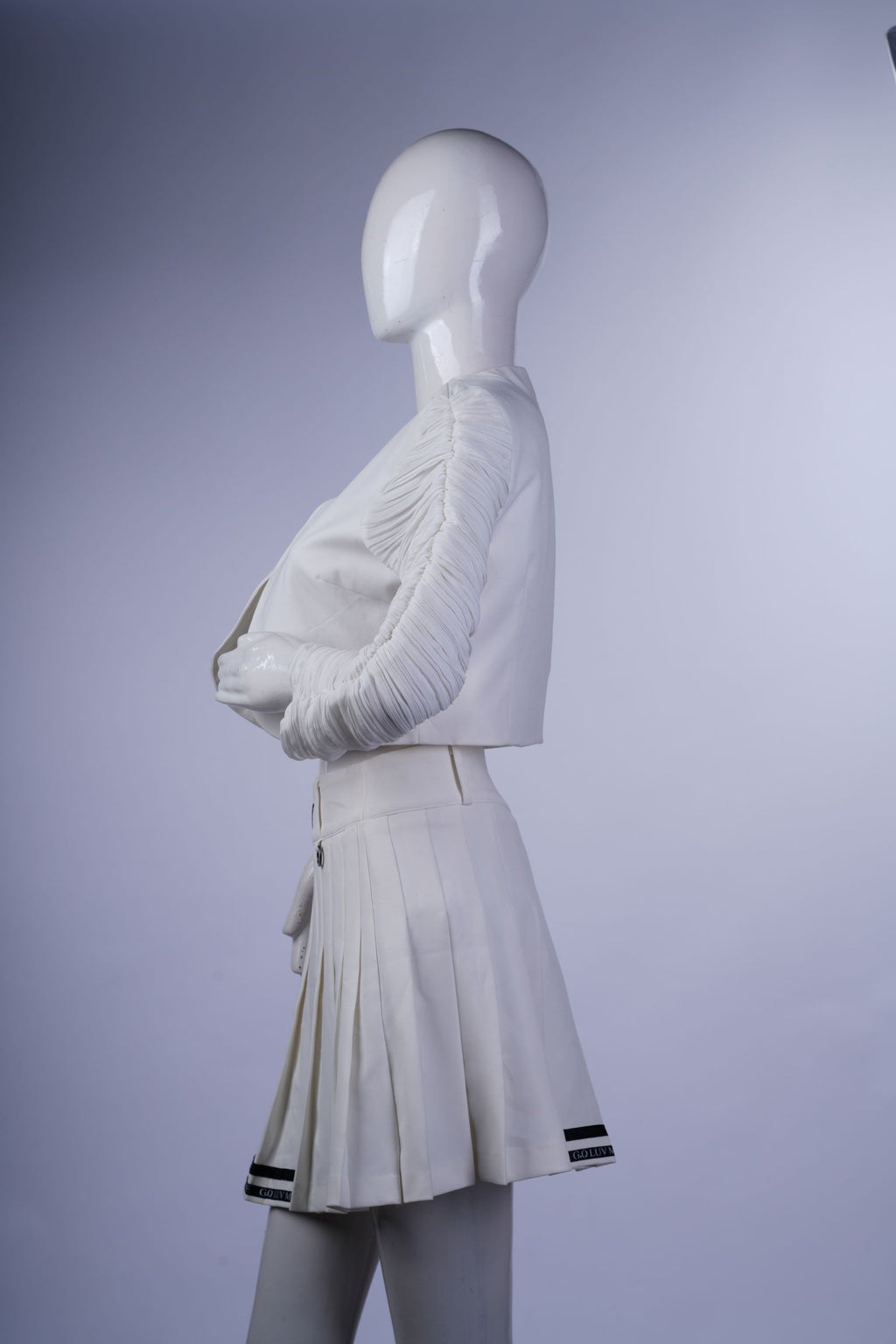 Stylish ruched-sleeve white jacket with modern collarless look