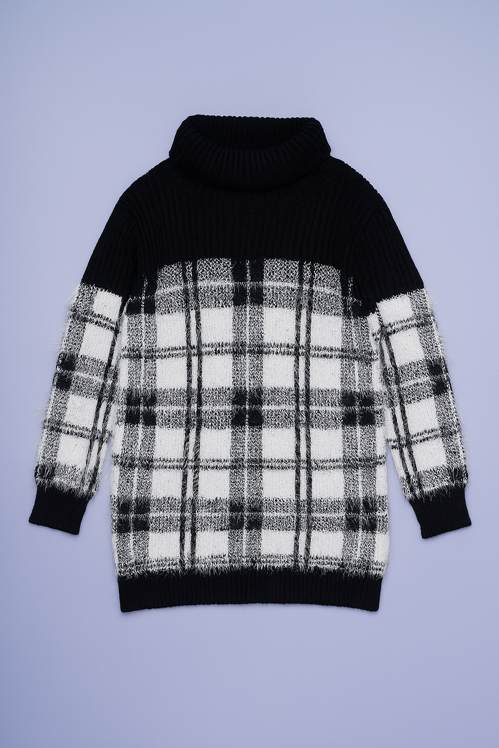 Black and white plaid turtleneck dress with fuzzy knit body and ribbed collar and sleeves.