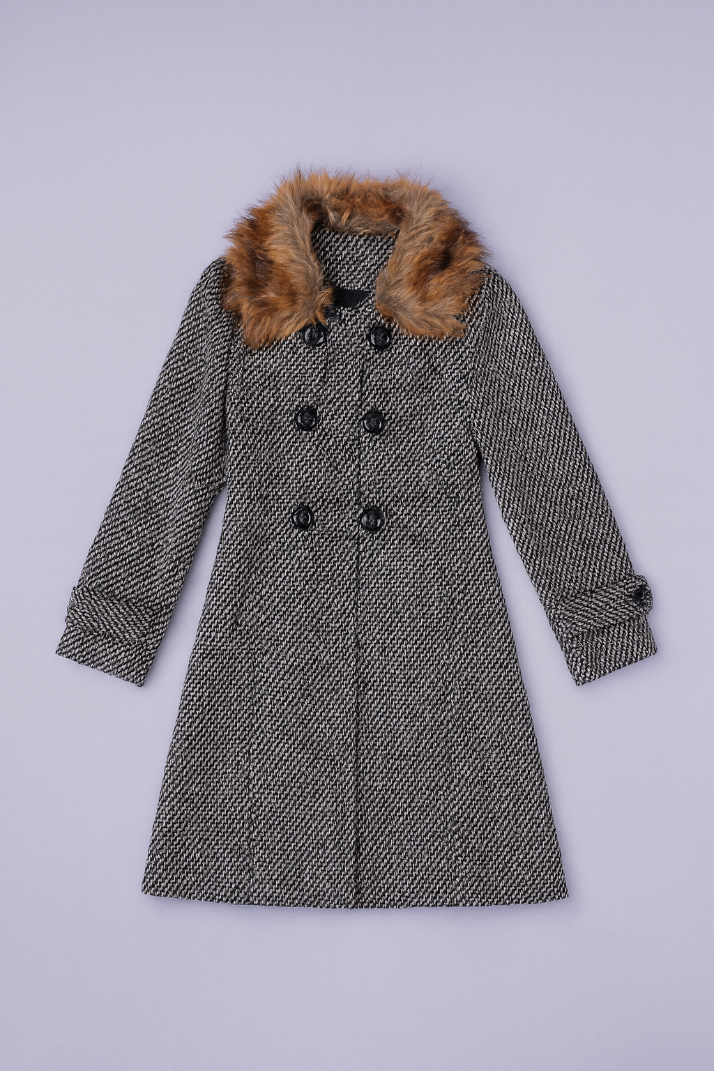 women's houndstooth coat with plush faux fur collar and double-breasted design.