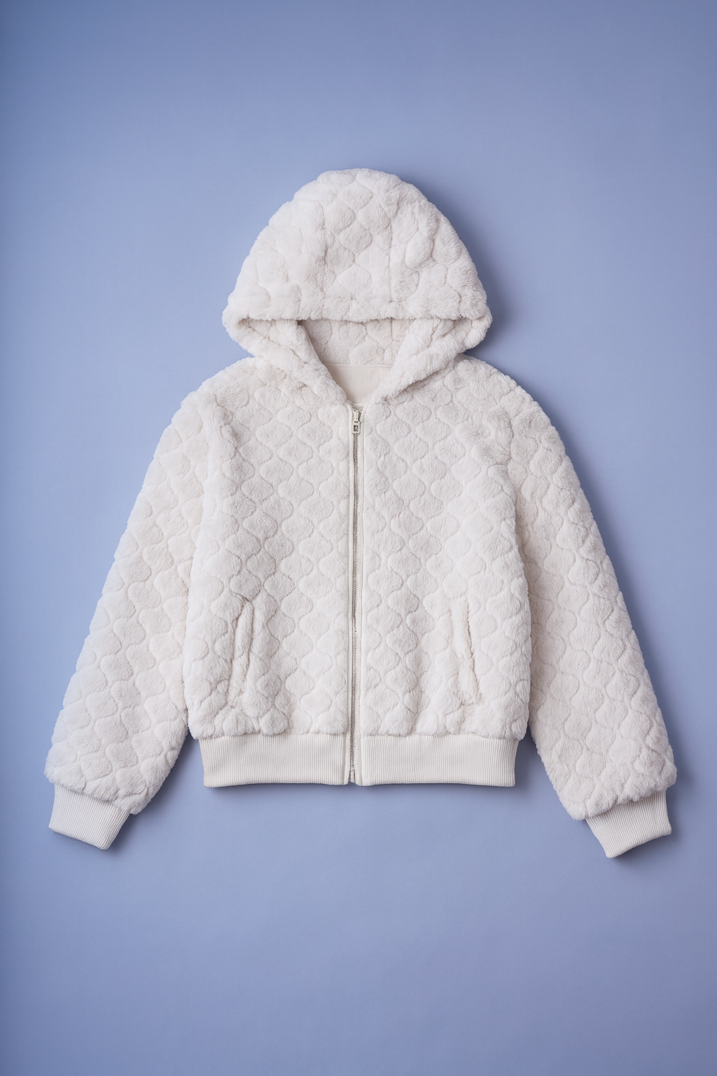 Trendy cropped hoodie with cozy teddy fleece texture, zip-up front, and hood.