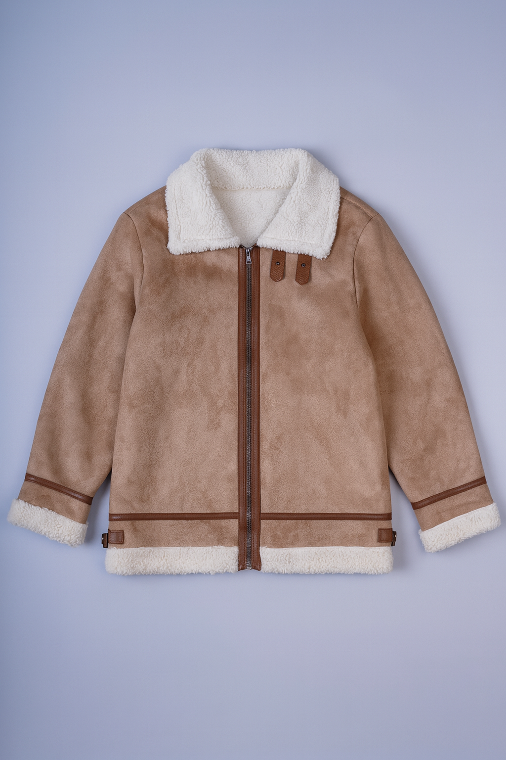 Beige faux shearling jacket with plush cream lining and high collar.