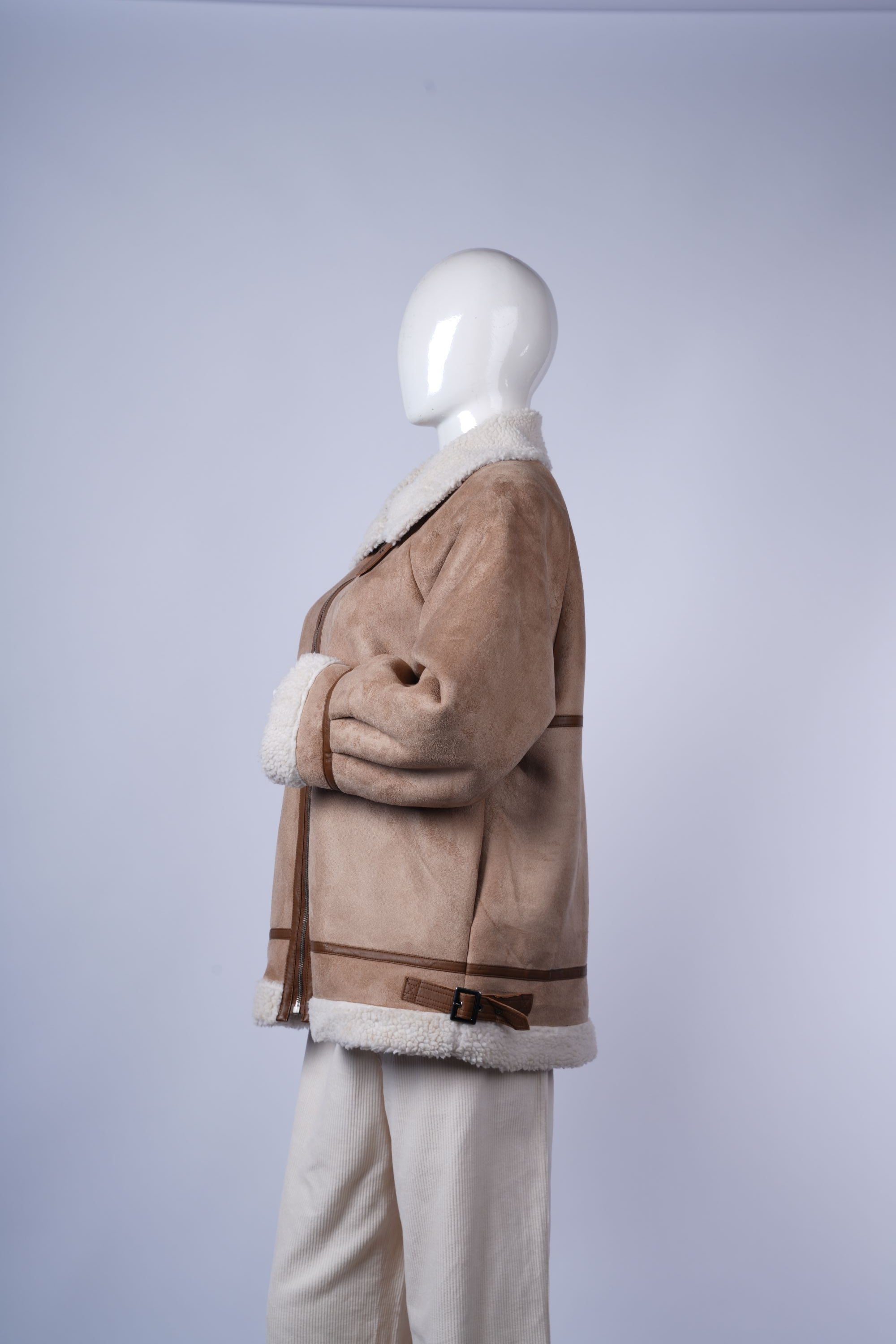 Stylish beige jacket featuring warm cream lining and comfortable fit.