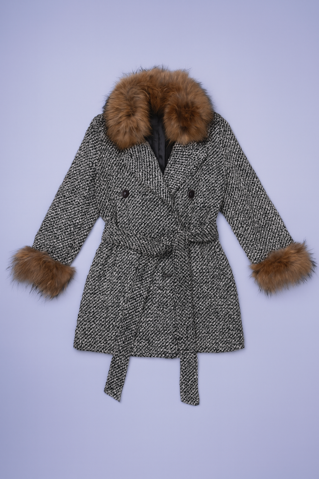 Double-breasted pea coat with brown fur collar, structured silhouette, and herringbone pattern.