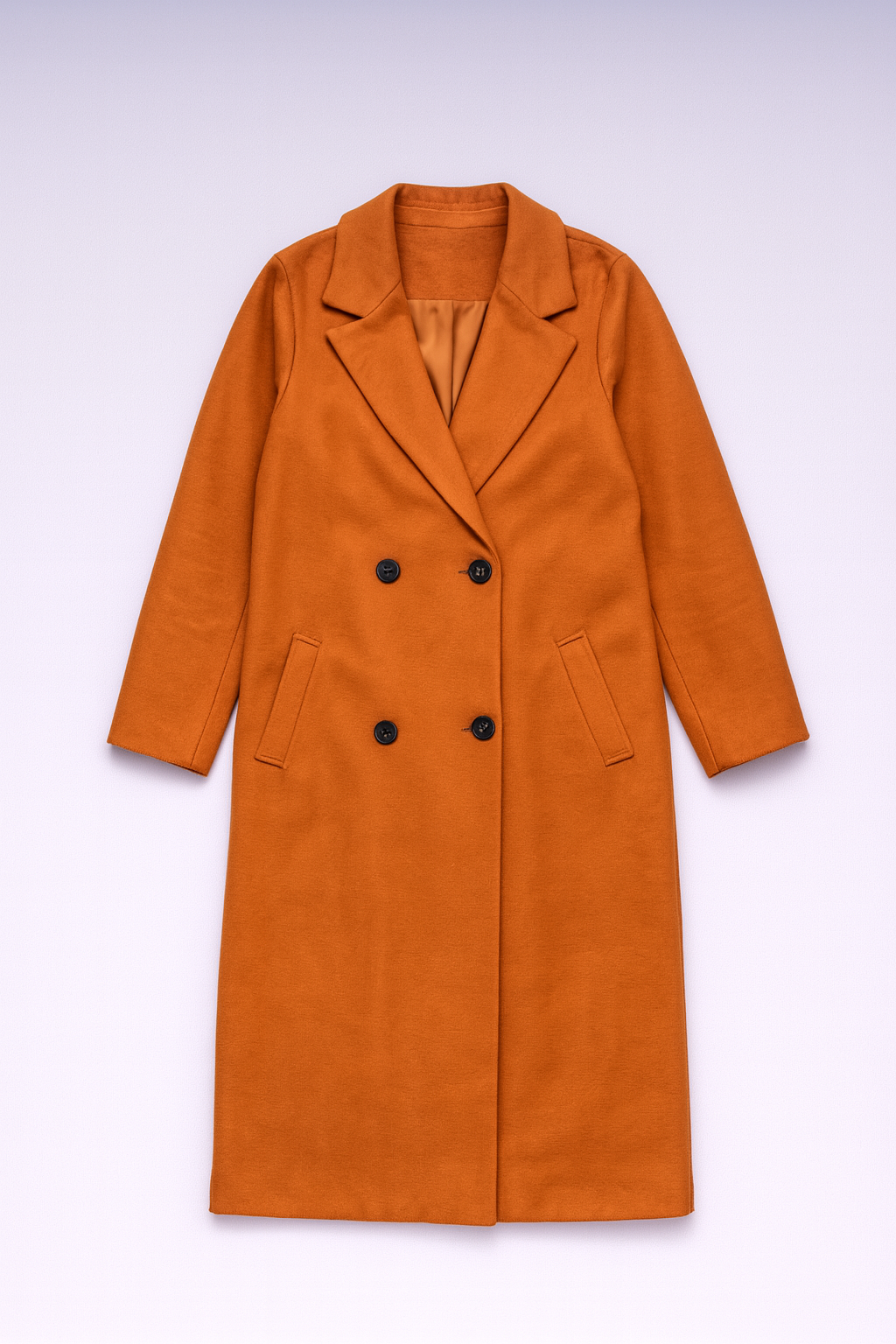 Classic double-breasted camel coat with notched lapels, flap pockets, and long sleeves.