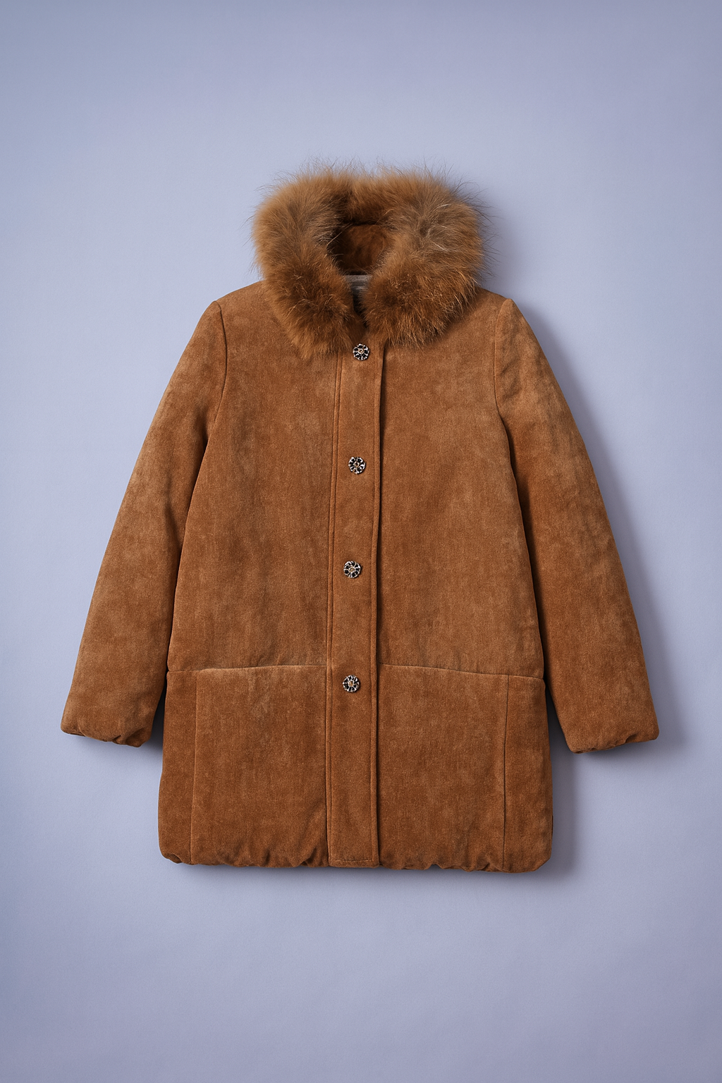 Quilted brown corduroy jacket with down insulation and plush faux fur collar.