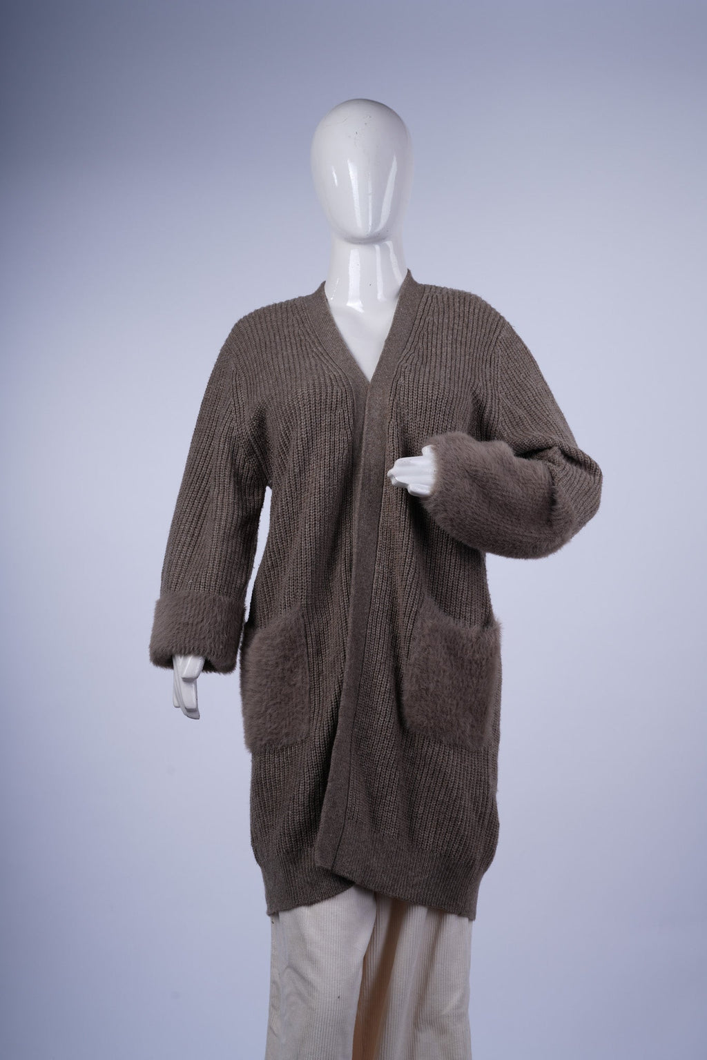 Oatmeal Open-Front Cardigan with Faux Fur Pockets