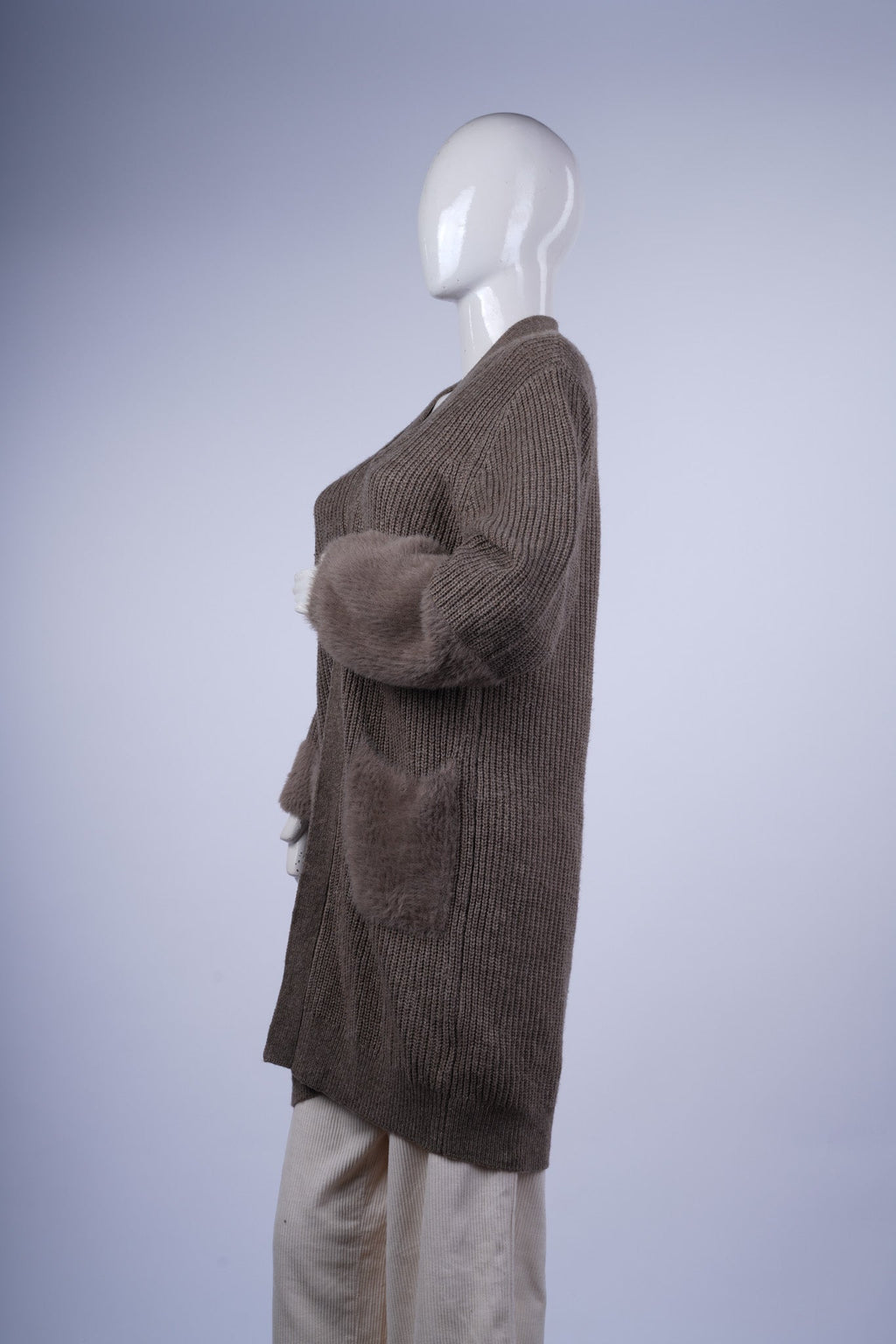 Oatmeal Open-Front Cardigan with Faux Fur Pockets