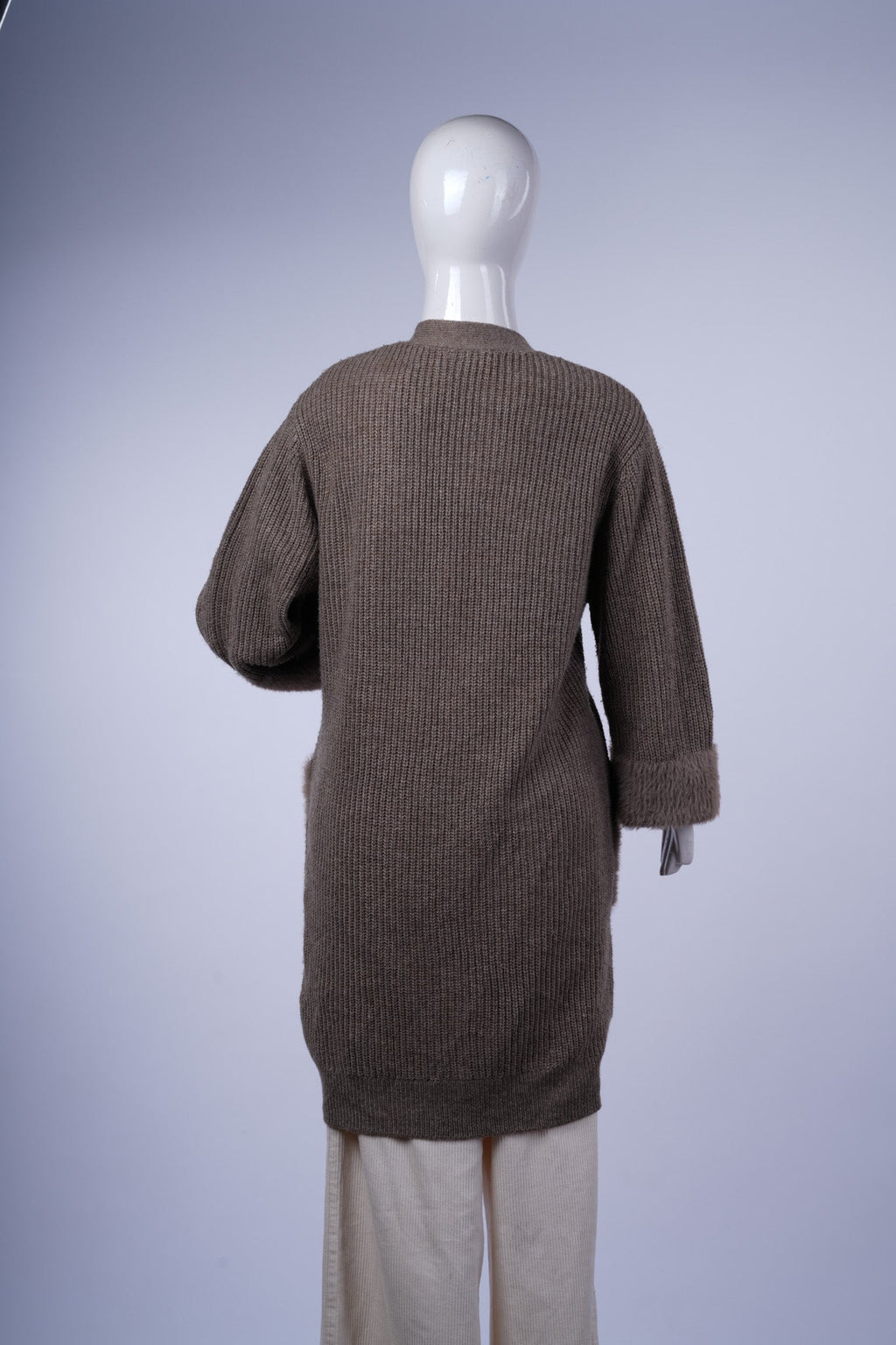 Oatmeal Open-Front Cardigan with Faux Fur Pockets