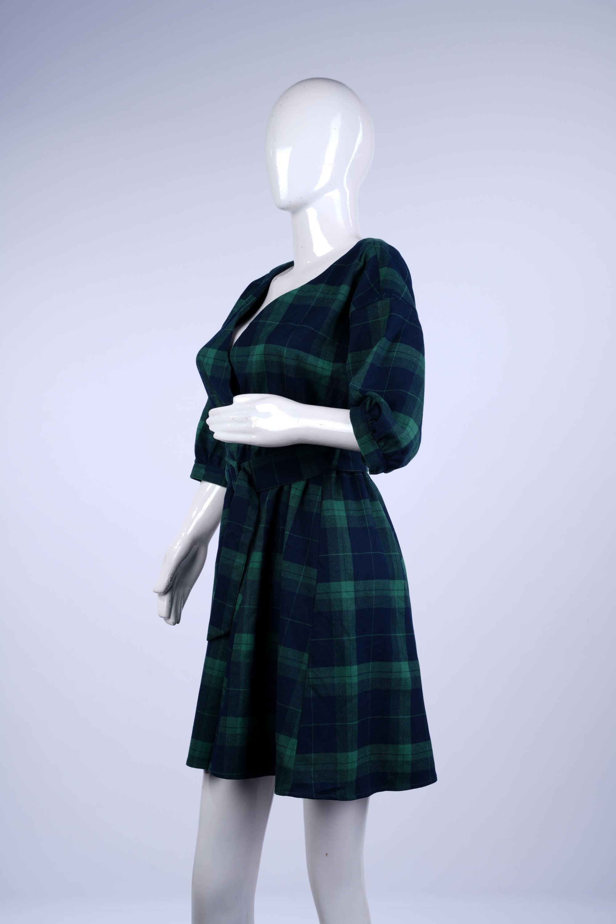 Casual green and blue dress with square neck and belted waist for everyday wear.