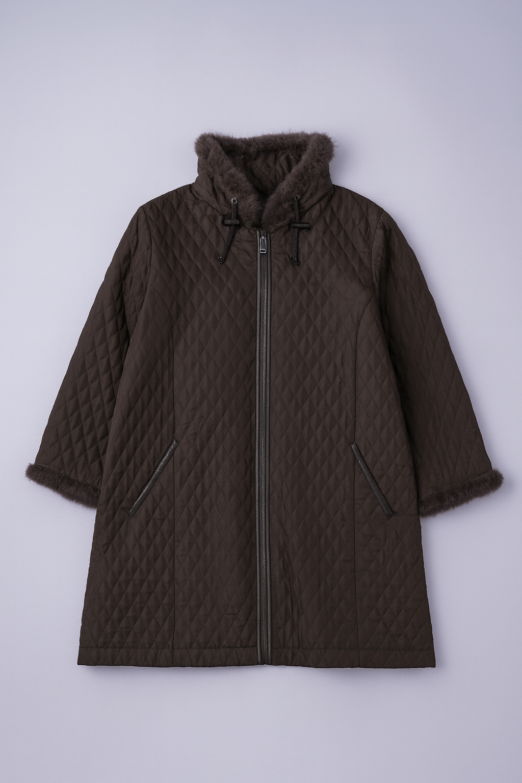 Quilted dark jacket with fur-lined collar and full-zip front.
