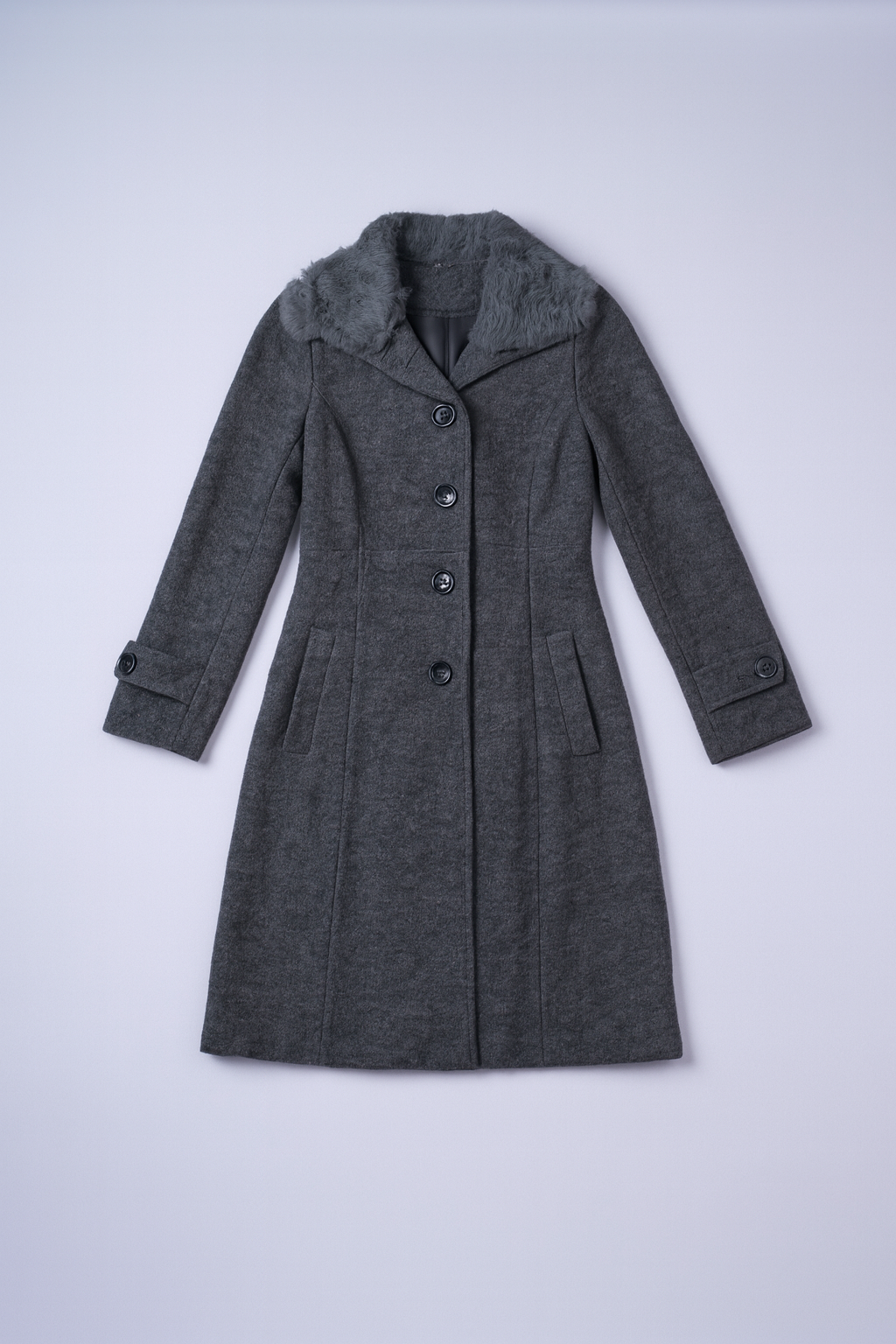 Elegant grey wool-blend coat with detachable faux fur collar and button-front closure.