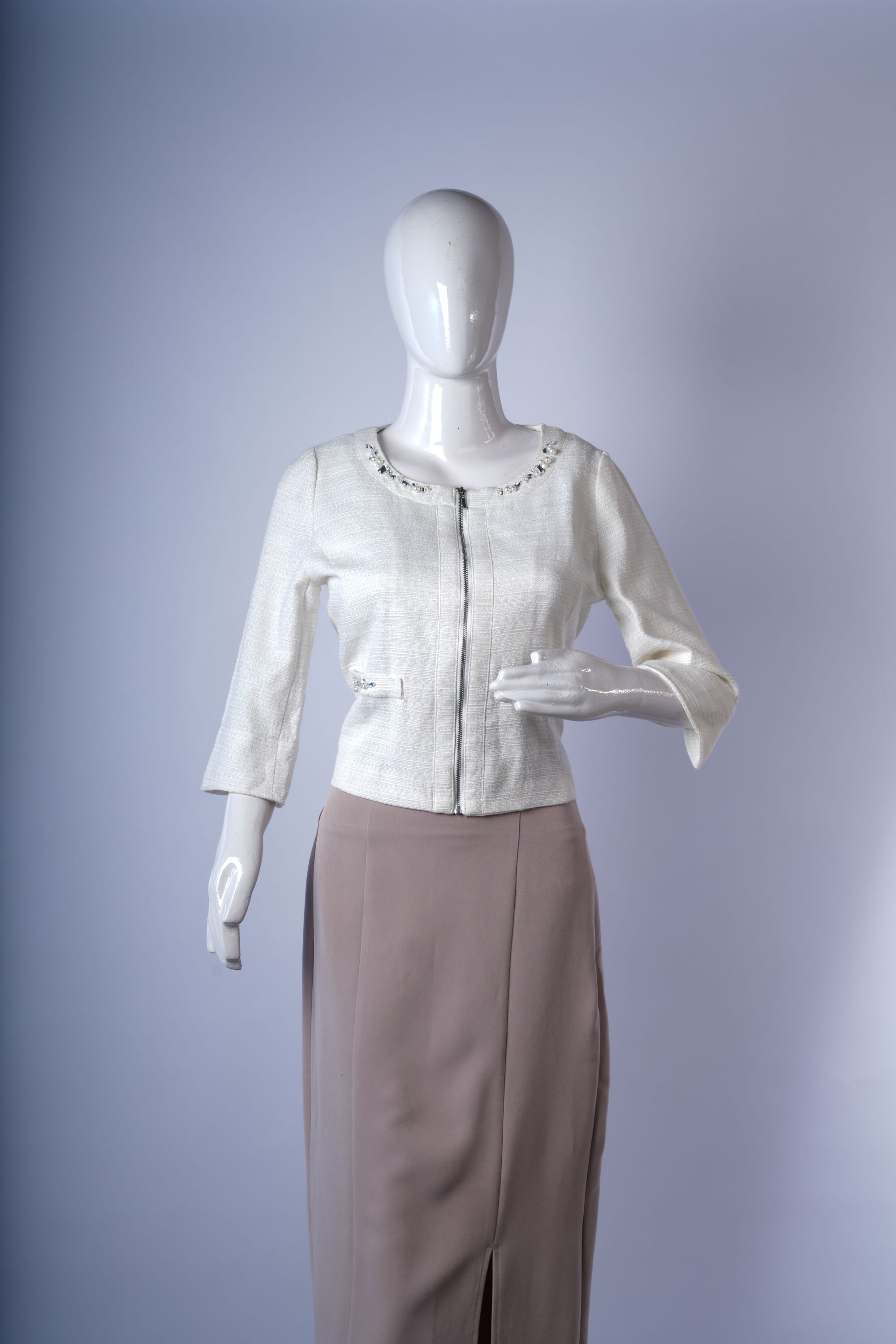 women's elegant open-front tweed jacket featuring concealed zipper closure.